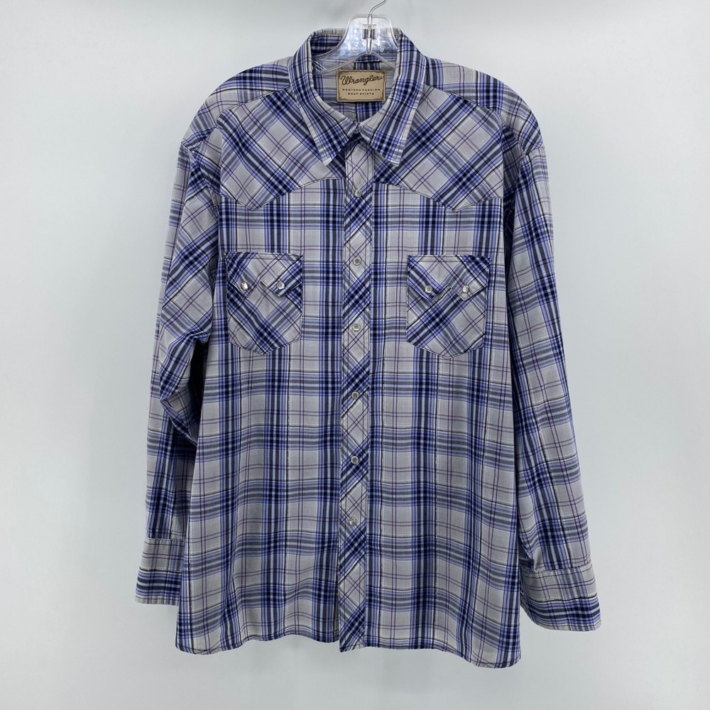 Wrangler Men Western Fashion Snap Shirt Blue Purple Plaid Pearl Snap Long Sleeve - Picture 1 of 8